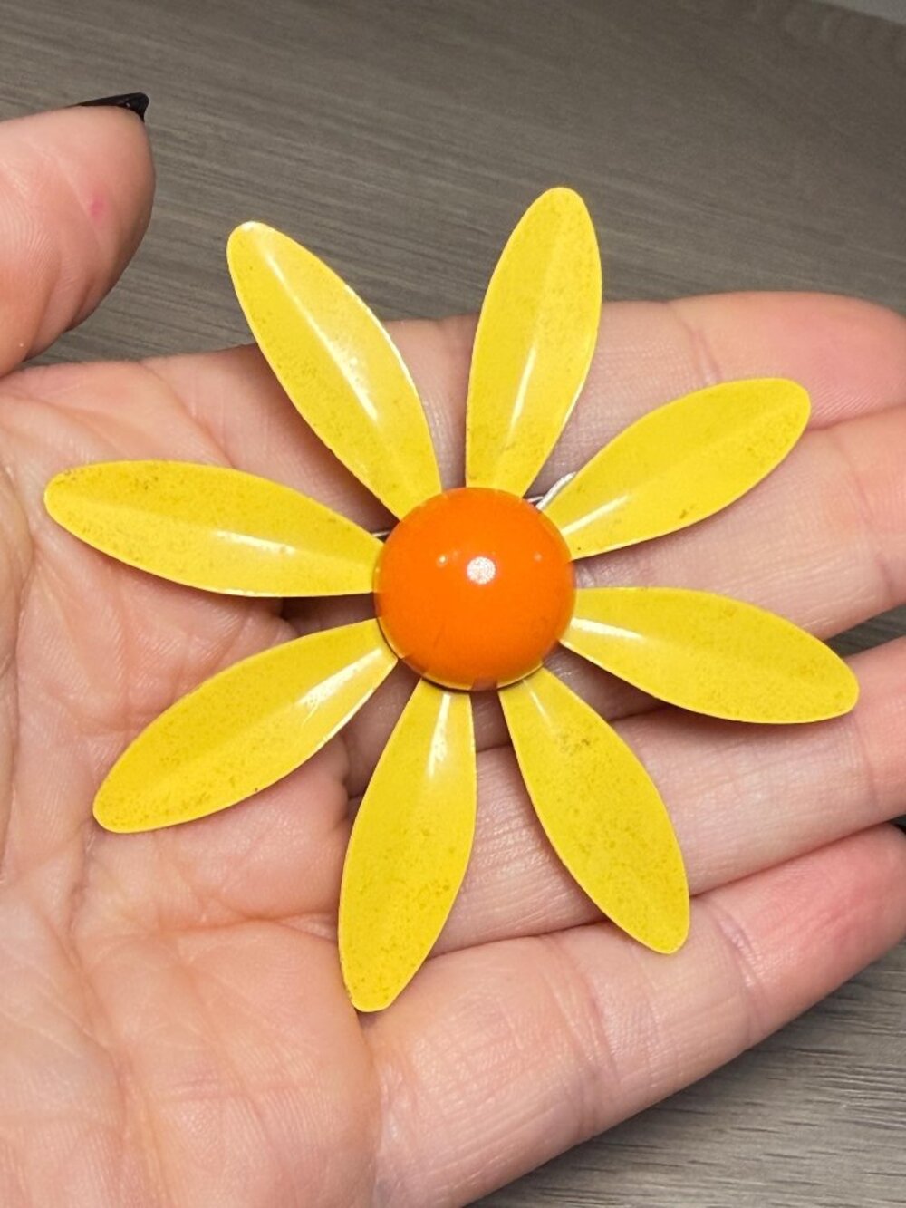 Yellow Daisy Flower Vintage Brooch Orange Center Metal Enamel 2.5 inches
